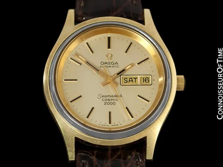 1970's Omega Seamaster Cosmic 2000 Vintage Mens Dive Watch, Day Date - 18K Gold Plated & Stainless Steel