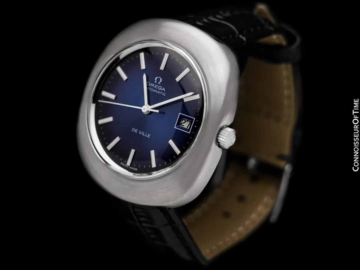 1972 Omega De Ville Vintage Mens Large Retro Automatic Watch with Blue Vignette Dial - Stainless Steel