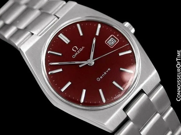 1972 Omega Geneve Vintage Mens Watch, Quick-Setting Date, Red Wine Dial - Stainless Steel