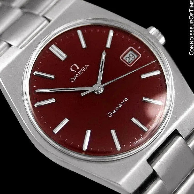1972 Omega Geneve Vintage Mens Watch, Quick-Setting Date, Red Wine Dial - Stainless Steel