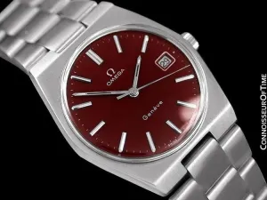 1972 Omega Geneve Vintage Mens Watch, Quick-Setting Date, Red Wine Dial - Stainless Steel