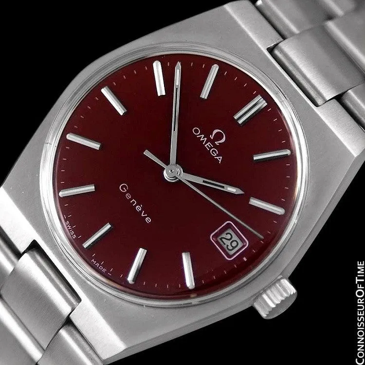 1972 Omega Geneve Vintage Mens Watch, Quick-Setting Date, Red Wine Dial - Stainless Steel