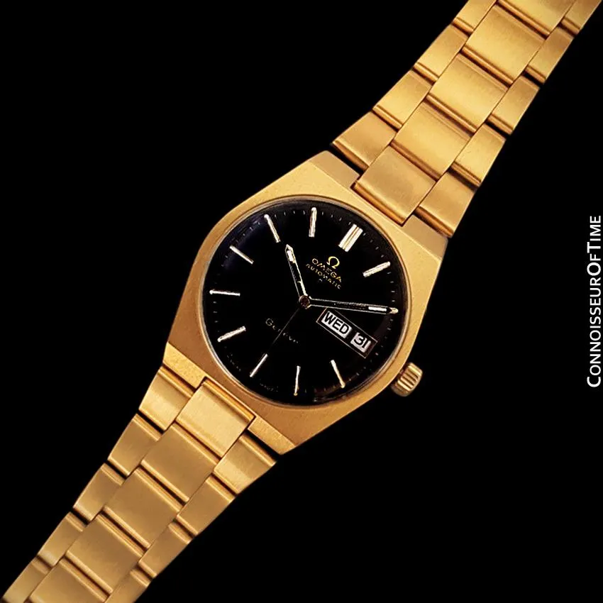 1973 Omega Geneve Classic Vintage Mens Watch, Automatic, Quick-Setting Day Date - 18K Gold Plated & Stainless Steel