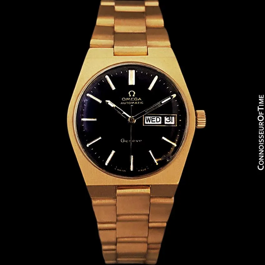 1973 Omega Geneve Classic Vintage Mens Watch, Automatic, Quick-Setting Day Date - 18K Gold Plated & Stainless Steel