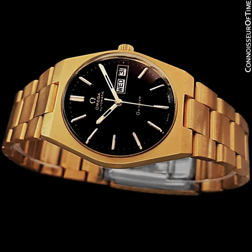 1973 Omega Geneve Classic Vintage Mens Watch, Automatic, Quick-Setting Day Date - 18K Gold Plated & Stainless Steel