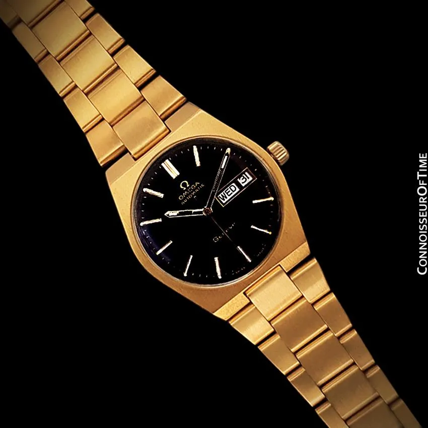 1973 Omega Geneve Classic Vintage Mens Watch, Automatic, Quick-Setting Day Date - 18K Gold Plated & Stainless Steel