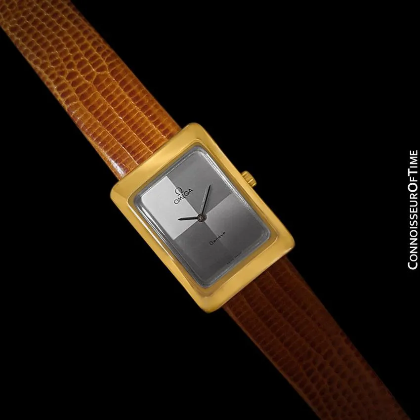 1975 Omega De Ville Vintage Mens Midsize Dress Watch With Checkerboard Dial - 18K Gold Plated