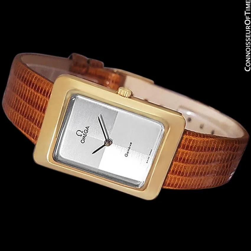 1975 Omega De Ville Vintage Mens Midsize Dress Watch With Checkerboard Dial - 18K Gold Plated