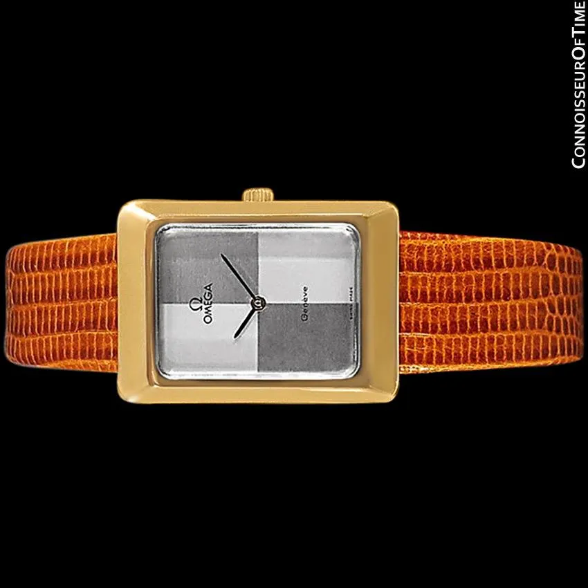 1975 Omega De Ville Vintage Mens Midsize Dress Watch With Checkerboard Dial - 18K Gold Plated
