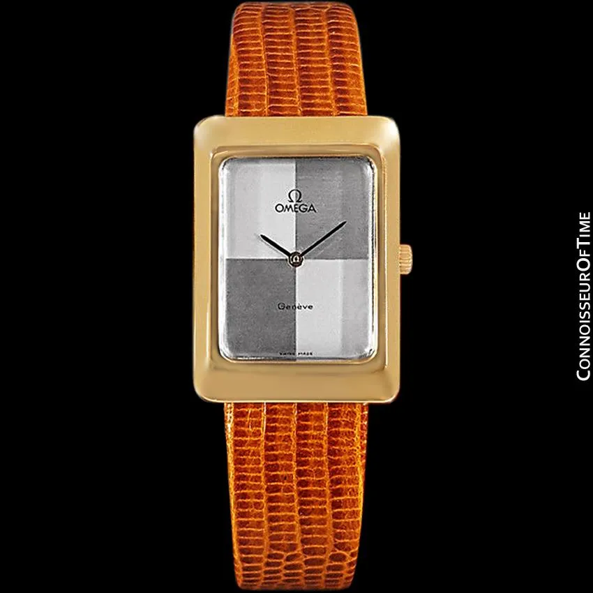 1975 Omega De Ville Vintage Mens Midsize Dress Watch With Checkerboard Dial - 18K Gold Plated