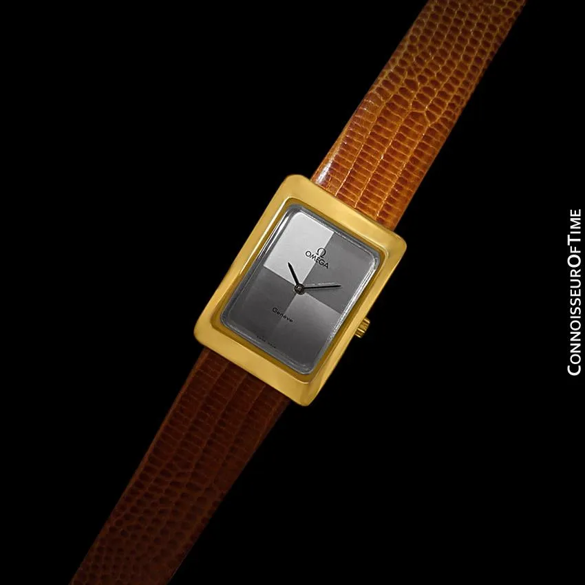 1975 Omega De Ville Vintage Mens Midsize Dress Watch With Checkerboard Dial - 18K Gold Plated