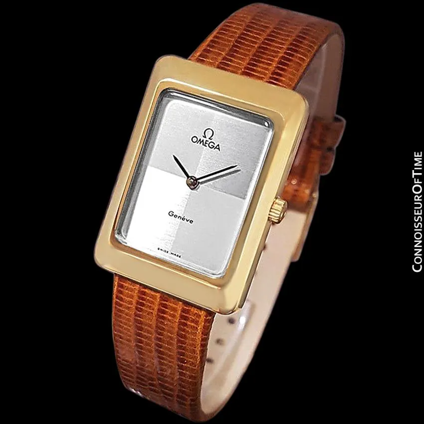 1975 Omega De Ville Vintage Mens Midsize Dress Watch With Checkerboard Dial - 18K Gold Plated