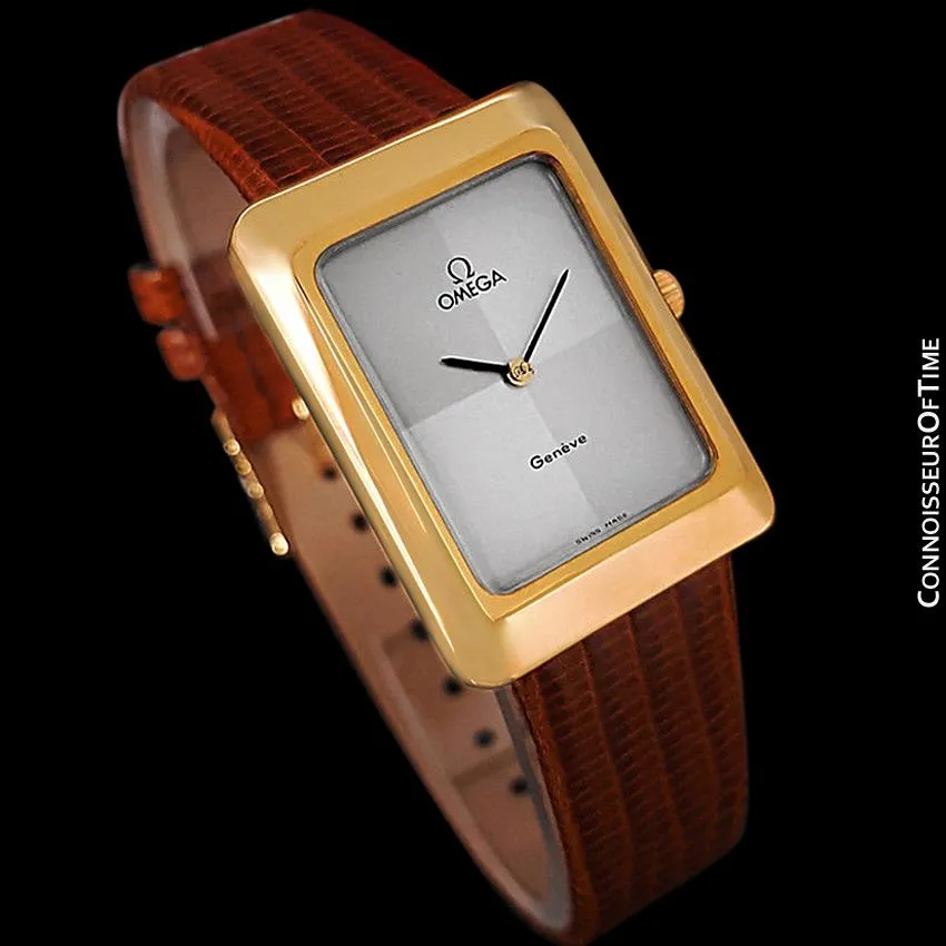 1975 Omega De Ville Vintage Mens Midsize Dress Watch With Checkerboard Dial - 18K Gold Plated