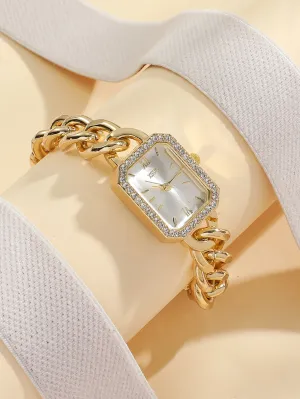1pc Rhinestone Decor Quartz Watch - Gold