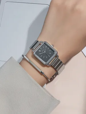 1pc Silver Zinc Alloy Strap Square Dial Quartz Watch With Chain Bracelet
