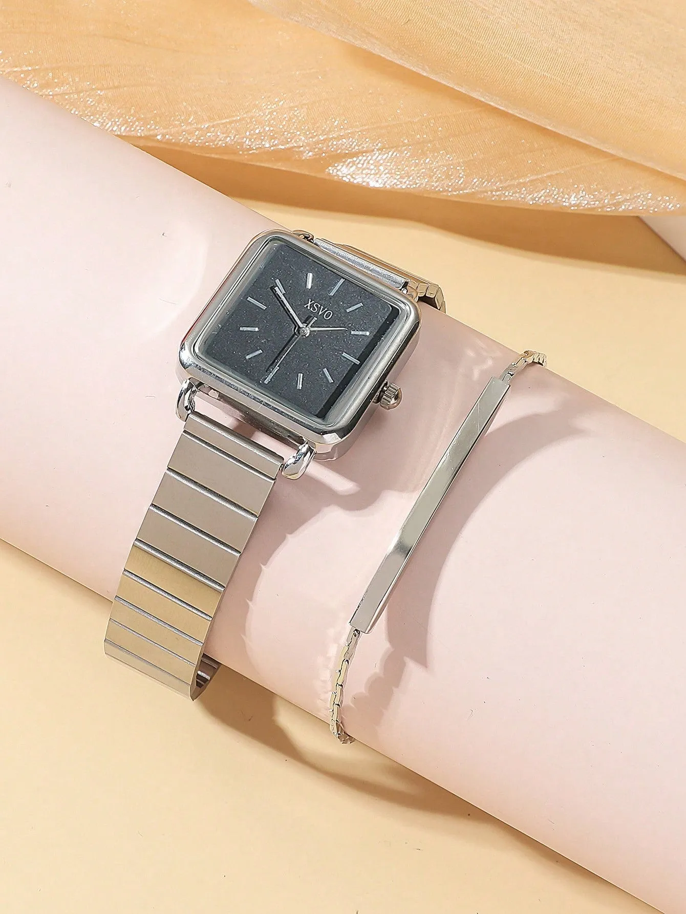 1pc Silver Zinc Alloy Strap Square Dial Quartz Watch With Chain Bracelet