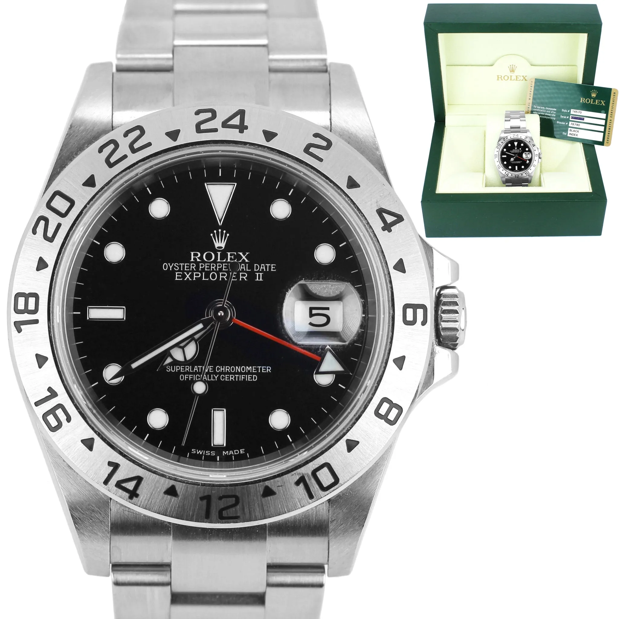 2008 UNPOLISHED Rolex Explorer II 16570 Z No Holes Black Date GMT 40mm Watch