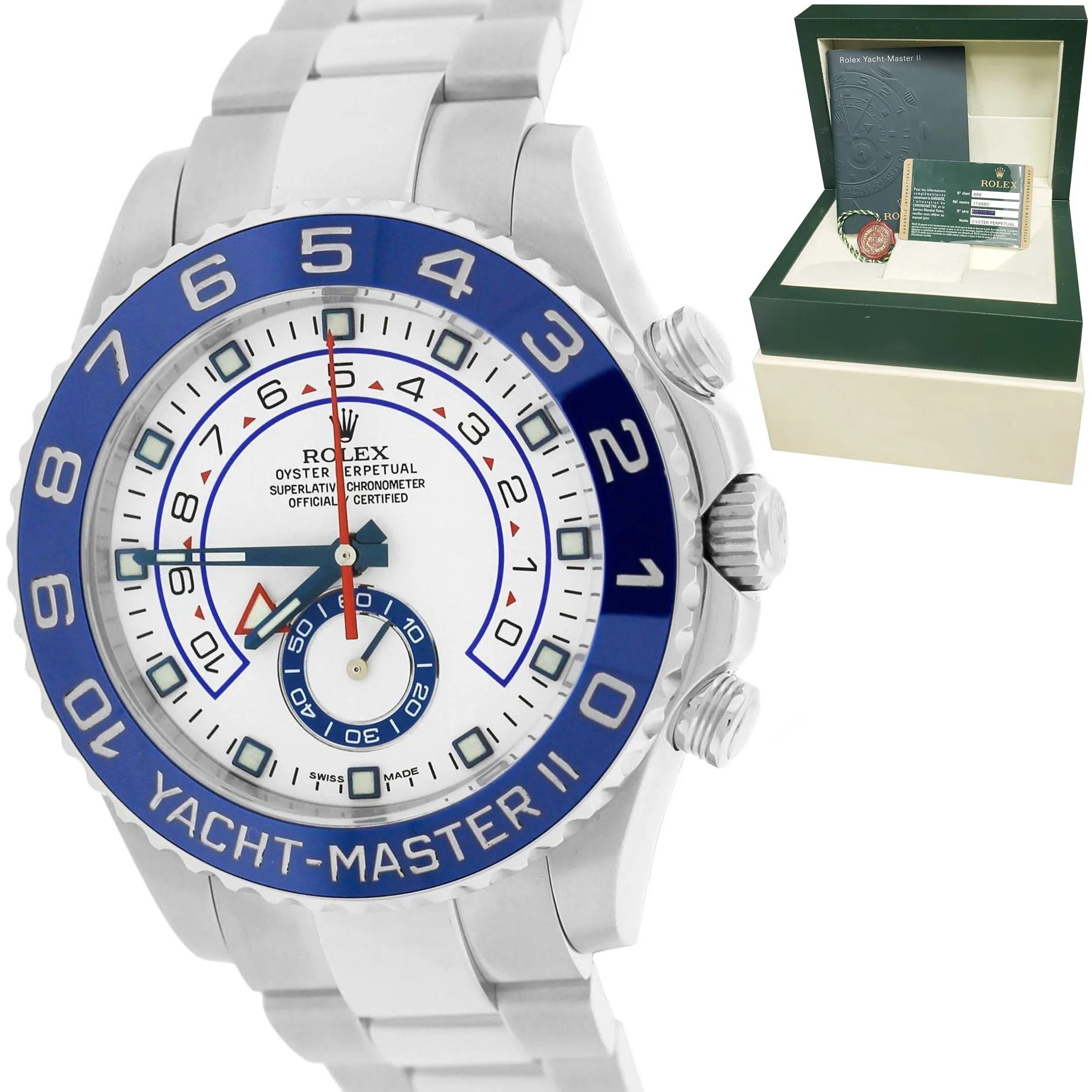2015 Rolex Yacht-Master II 44mm Stainless White Blue Ceramic Watch 116680 B P