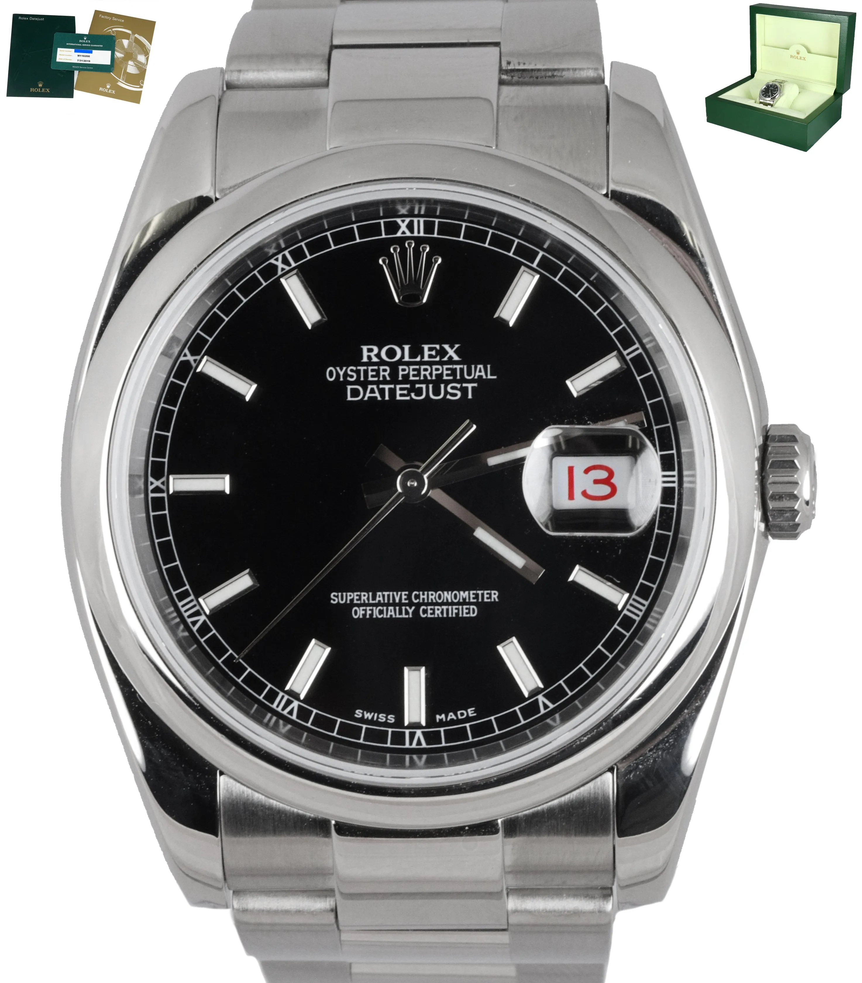 2019 ROLEX SERVICE DateJust 36 116200 Black Stainless 36mm Oyster Smooth Bezel