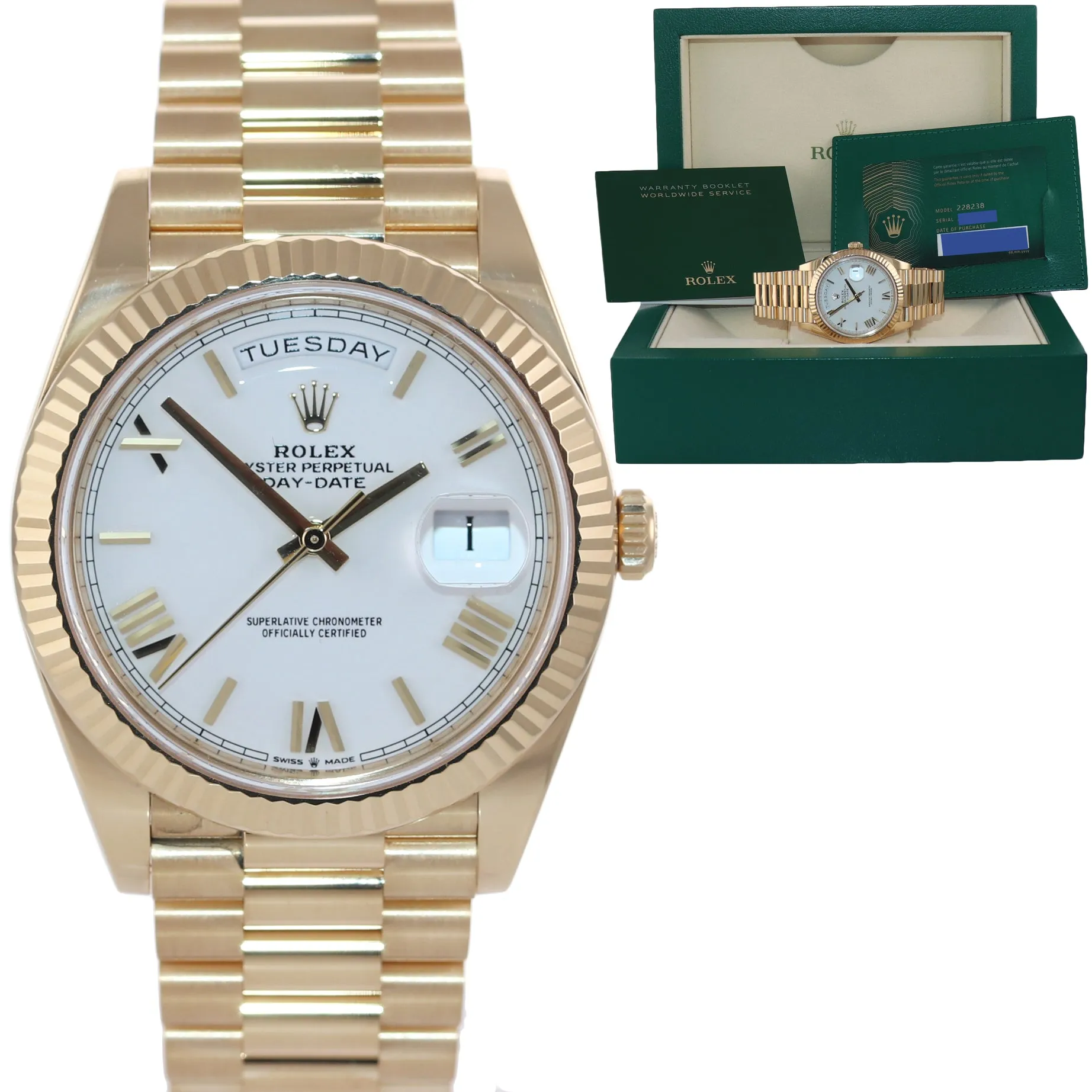 2020 NEW Rolex Day-Date 40 President 228228 White Roman Yellow Gold Watch Box