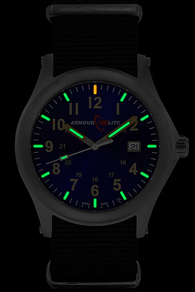 ArmourLite Field Tritium Watch, AL143 Blue Dial, Shatterproof Armourglass, Nylon Strap