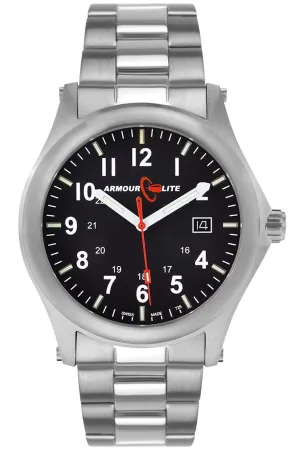 ArmourLite Field Tritium Watch with Shatterproof Armourglass Crystal, Black Dial, Steel Bracelet, AL101