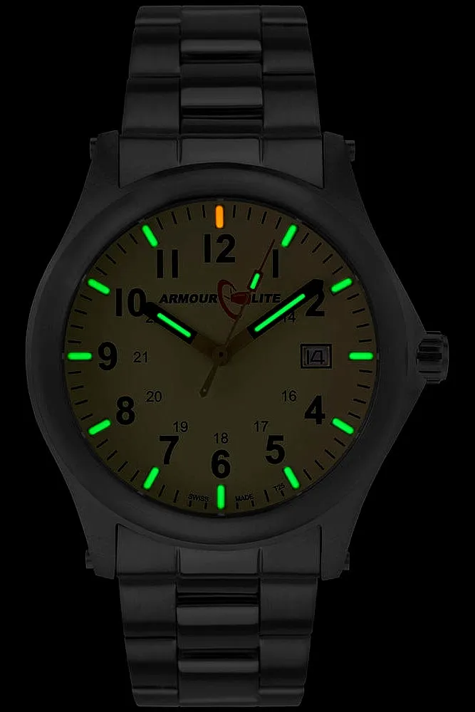 ArmourLite Field Tritium Watch with Shatterproof Armourglass Crystal, Black Dial, Steel Bracelet, AL101