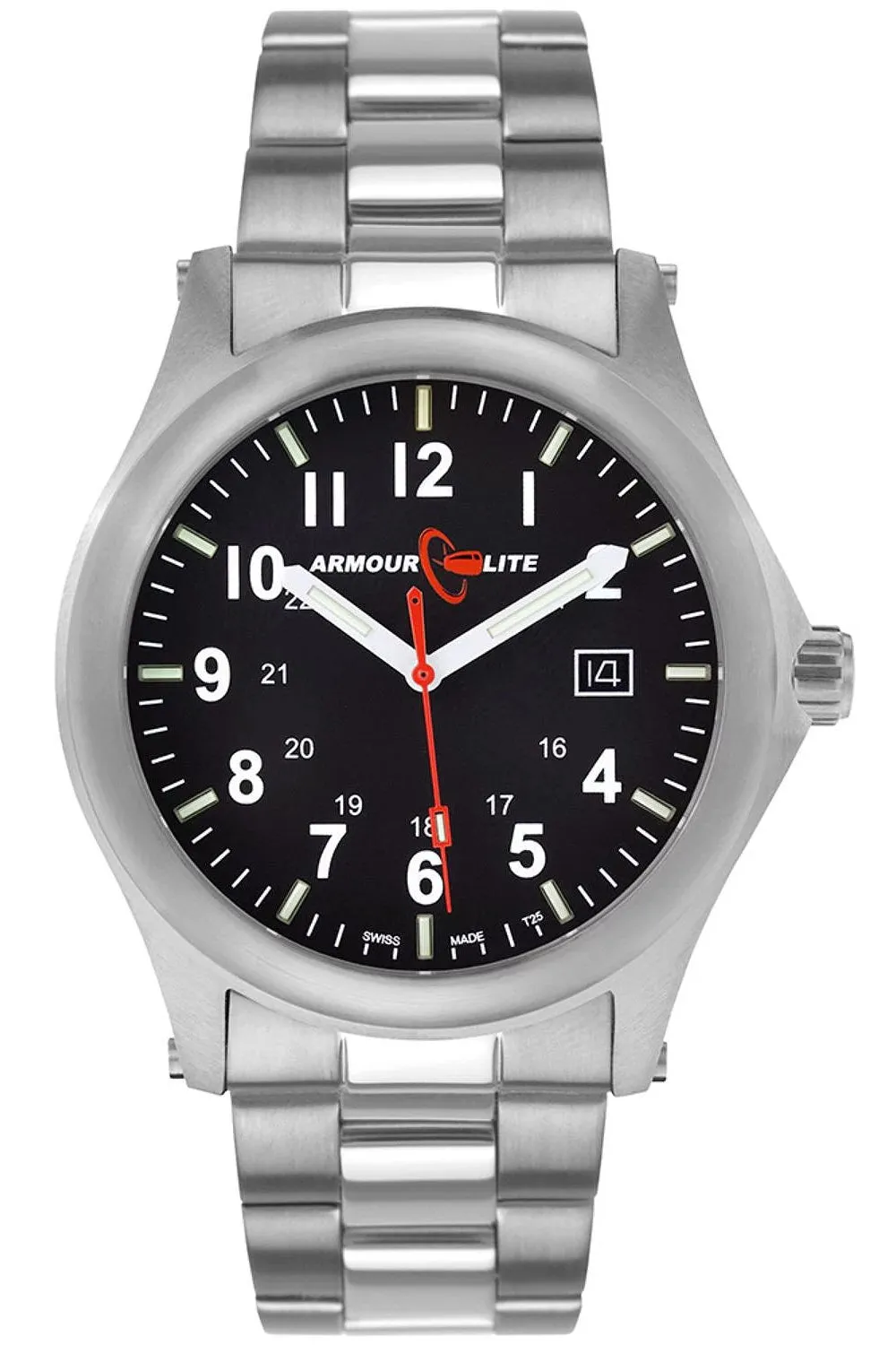 ArmourLite Field Tritium Watch with Shatterproof Armourglass Crystal, Black Dial, Steel Bracelet, AL101