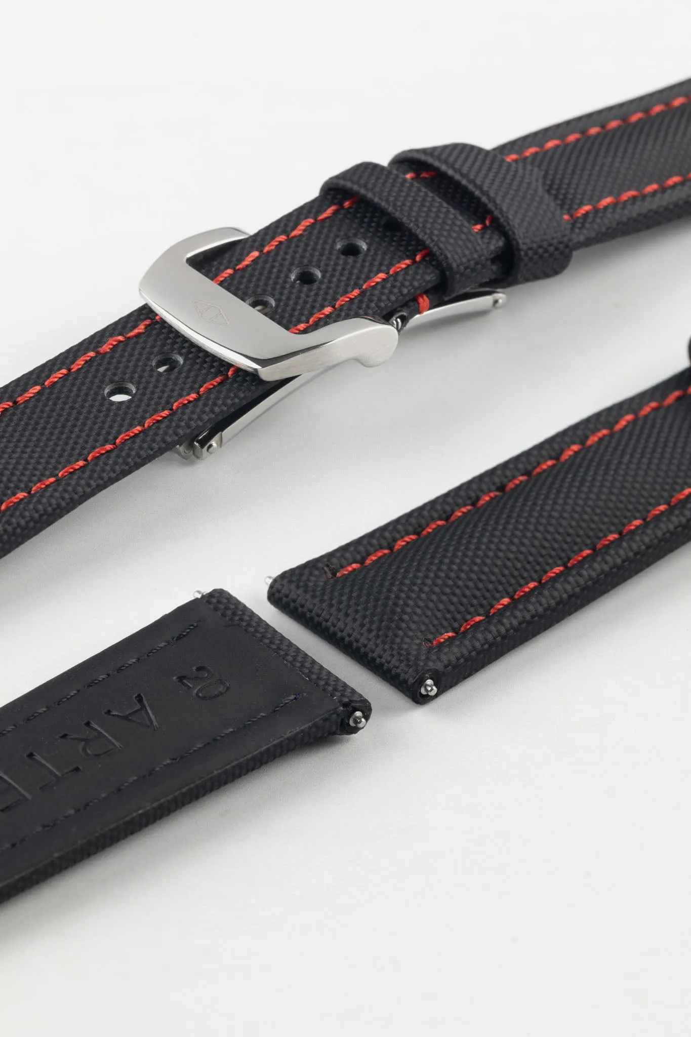 Artem Straps Classic Black Sailcloth Watch Strap with Red Stitching