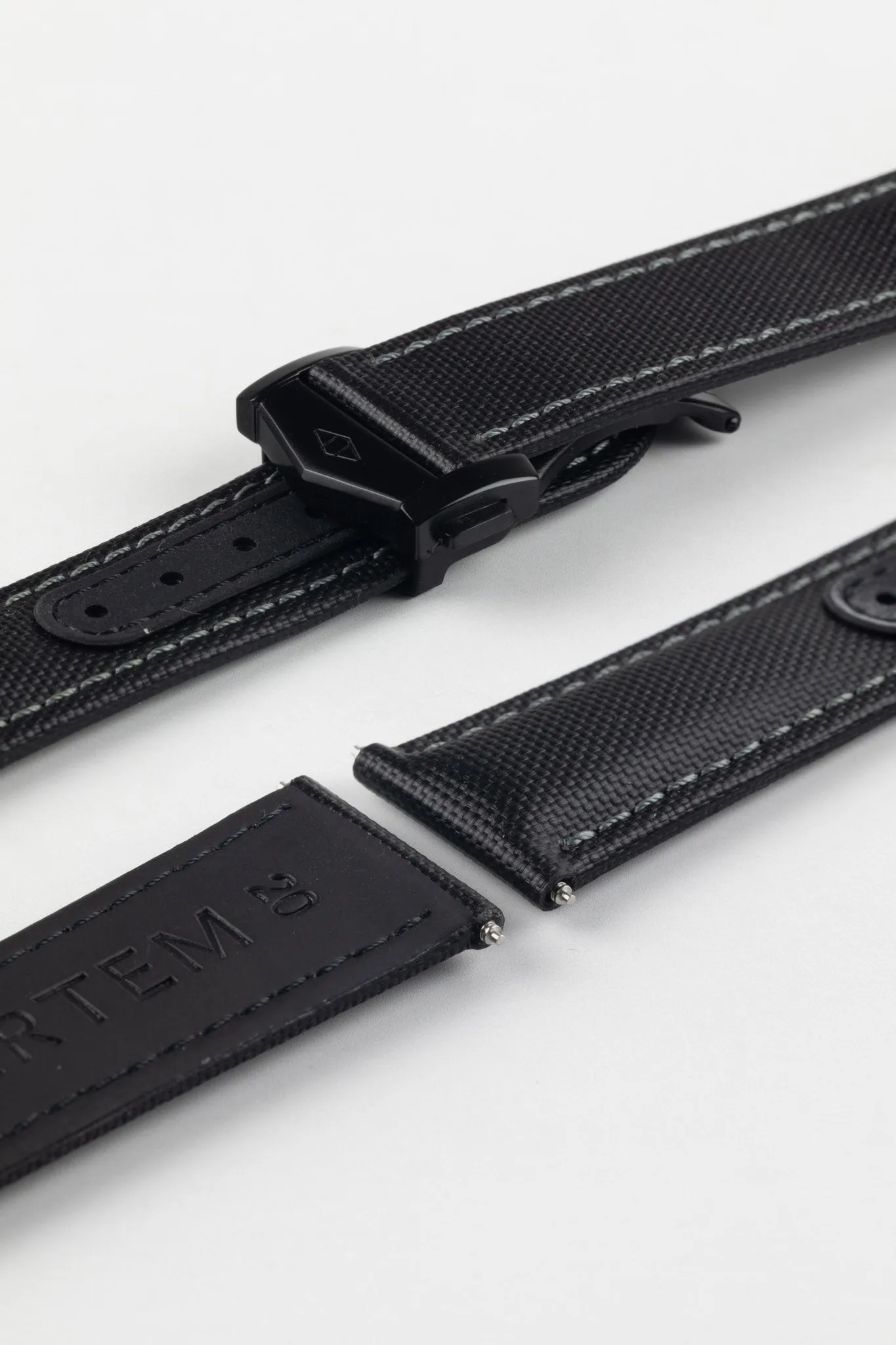 Artem Straps Loop-Less Black Sailcloth Watch Strap with Grey Stitching