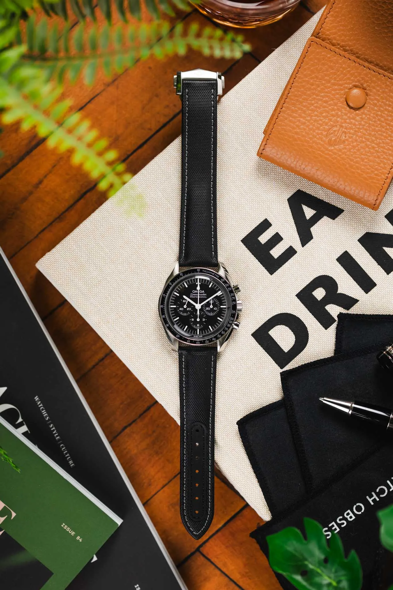 Artem Straps Loop-Less Black Sailcloth Watch Strap with Grey Stitching