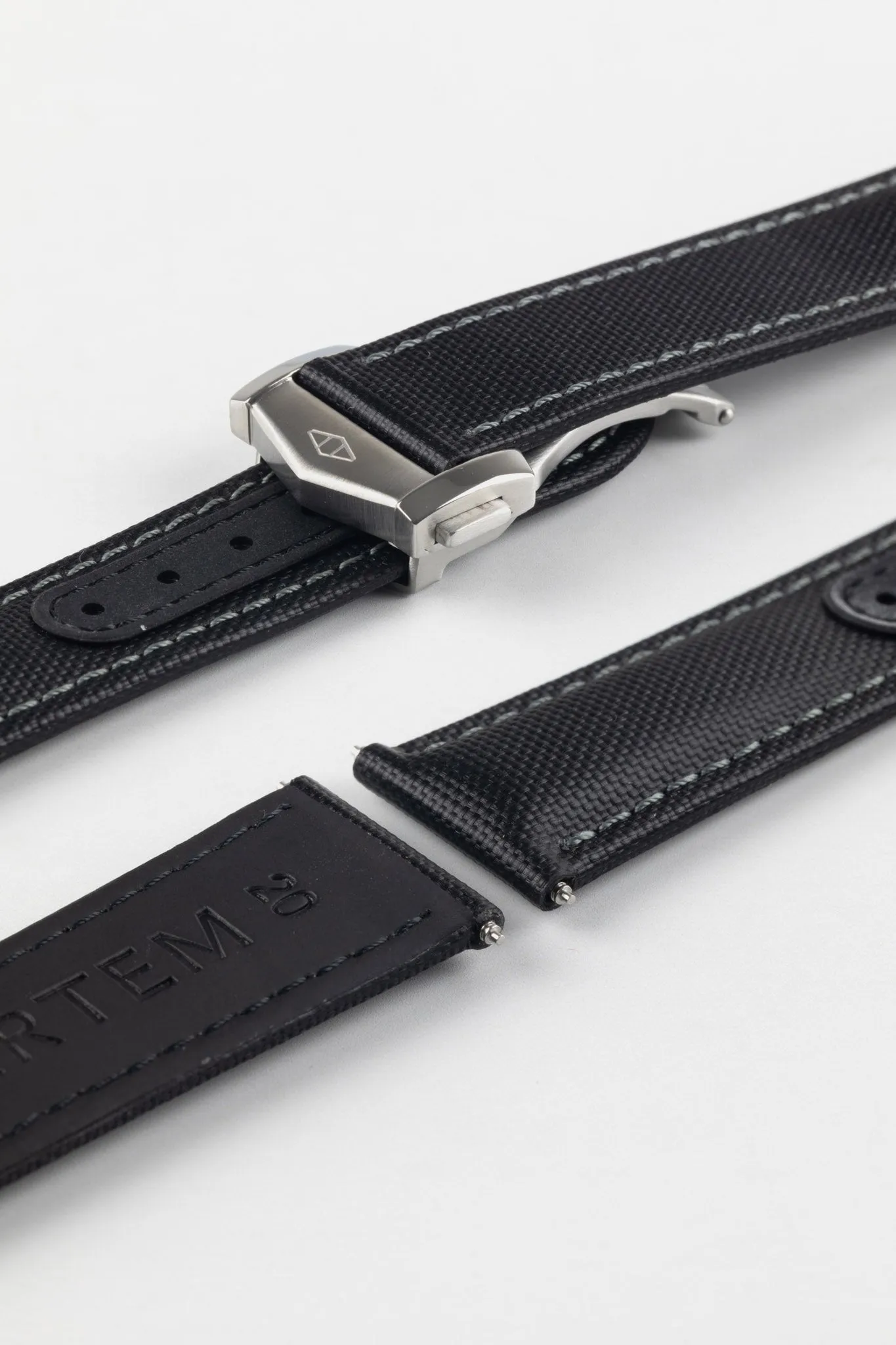 Artem Straps Loop-Less Black Sailcloth Watch Strap with Grey Stitching