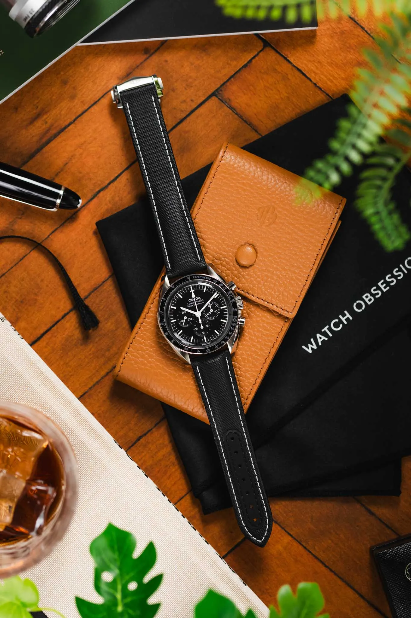 Artem Straps Loop-less™ Black Sailcloth Watch Strap with White Stitching