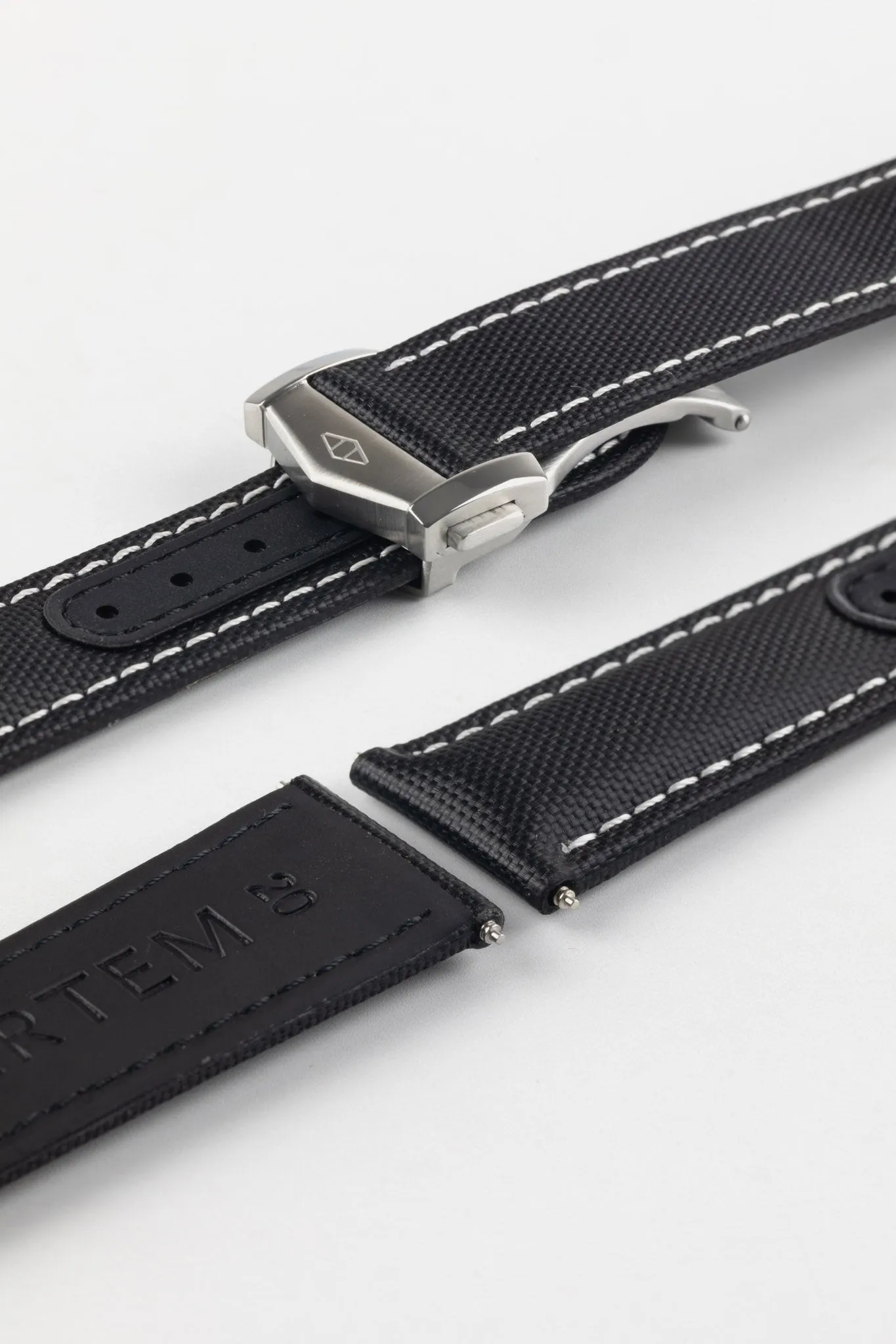 Artem Straps Loop-less™ Black Sailcloth Watch Strap with White Stitching