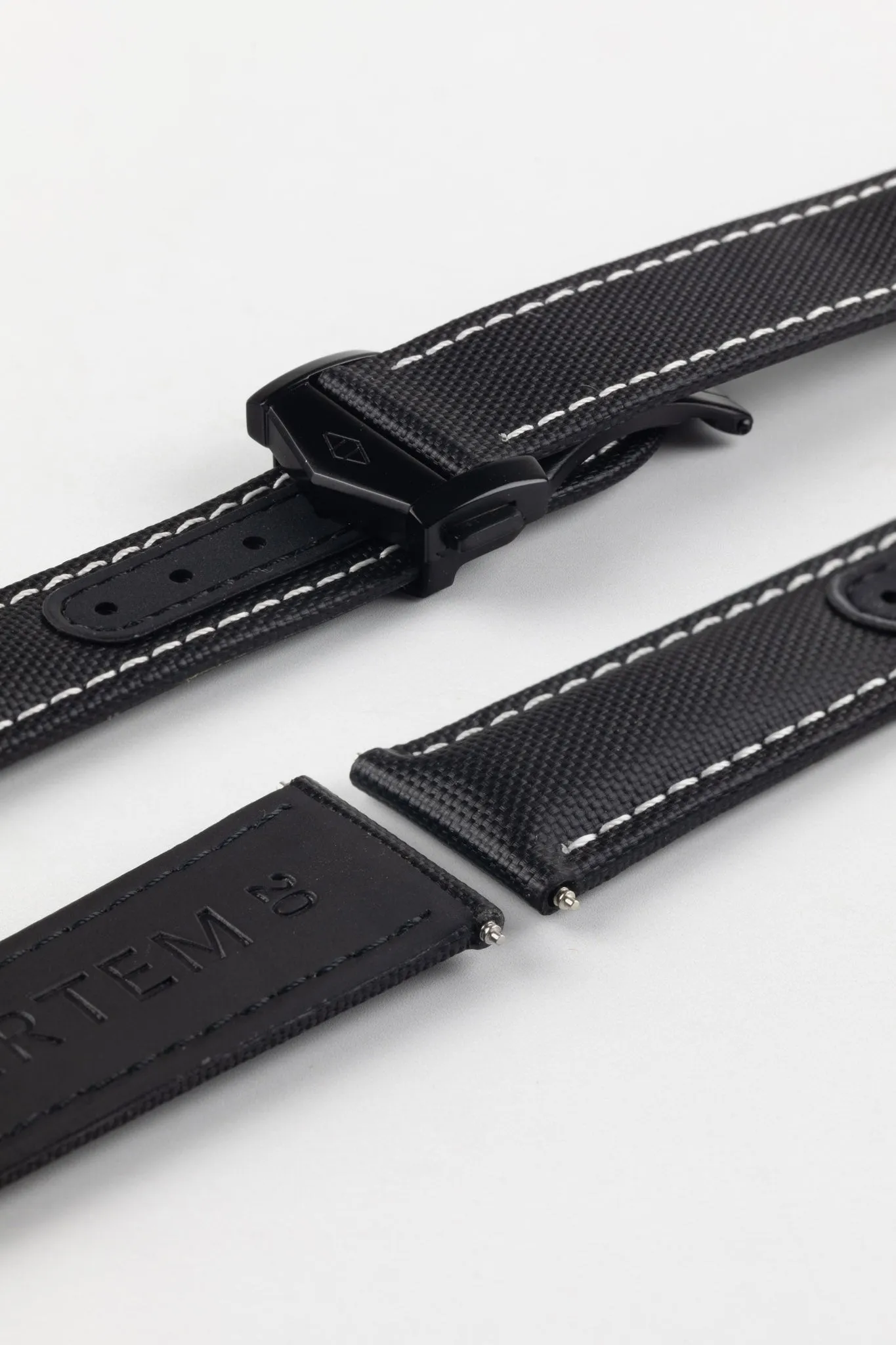 Artem Straps Loop-less™ Black Sailcloth Watch Strap with White Stitching