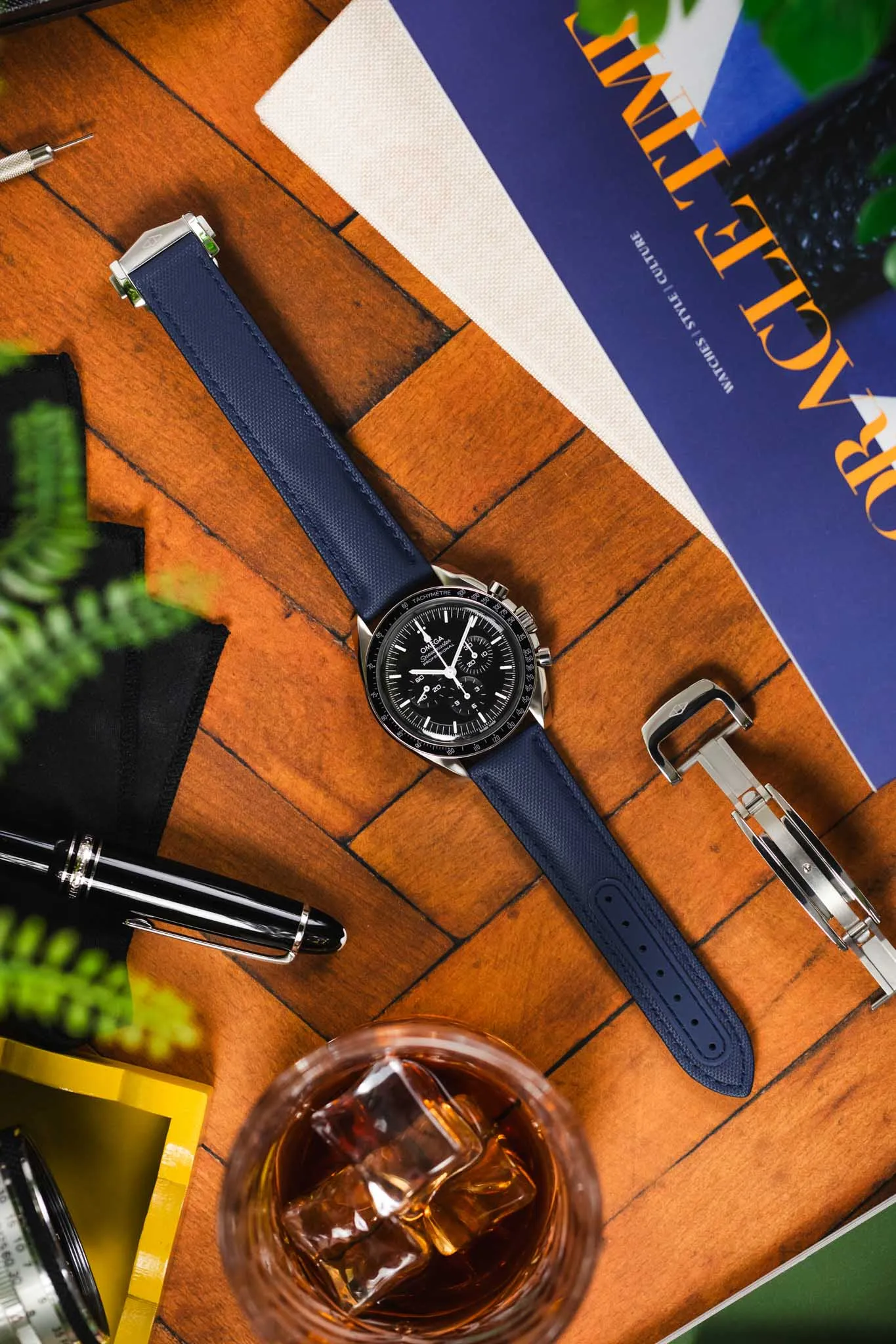 Artem Straps Loop-less™ Navy Blue Sailcloth Watch Strap with Blue Stitching
