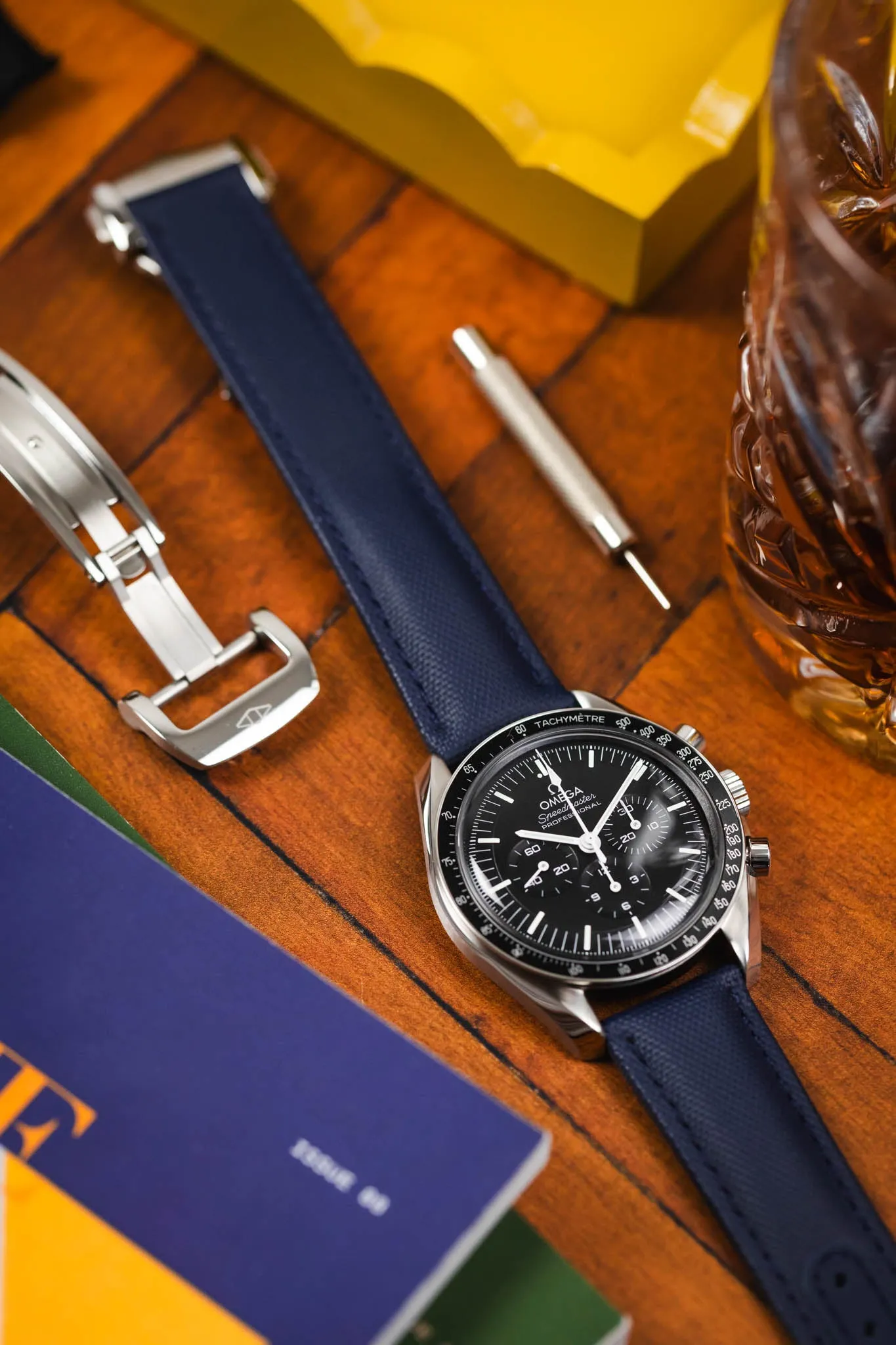 Artem Straps Loop-less™ Navy Blue Sailcloth Watch Strap with Blue Stitching