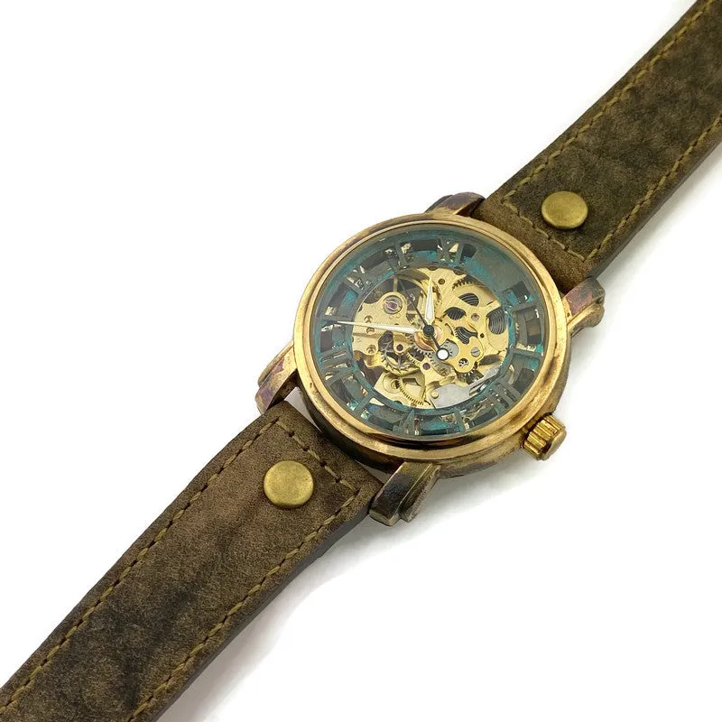 Automatic Mechanical Watch, Blue Dial with Leather Band