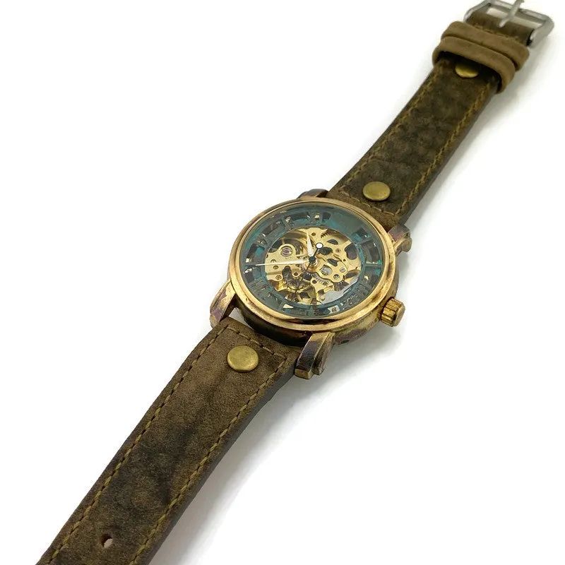 Automatic Mechanical Watch, Blue Dial with Leather Band