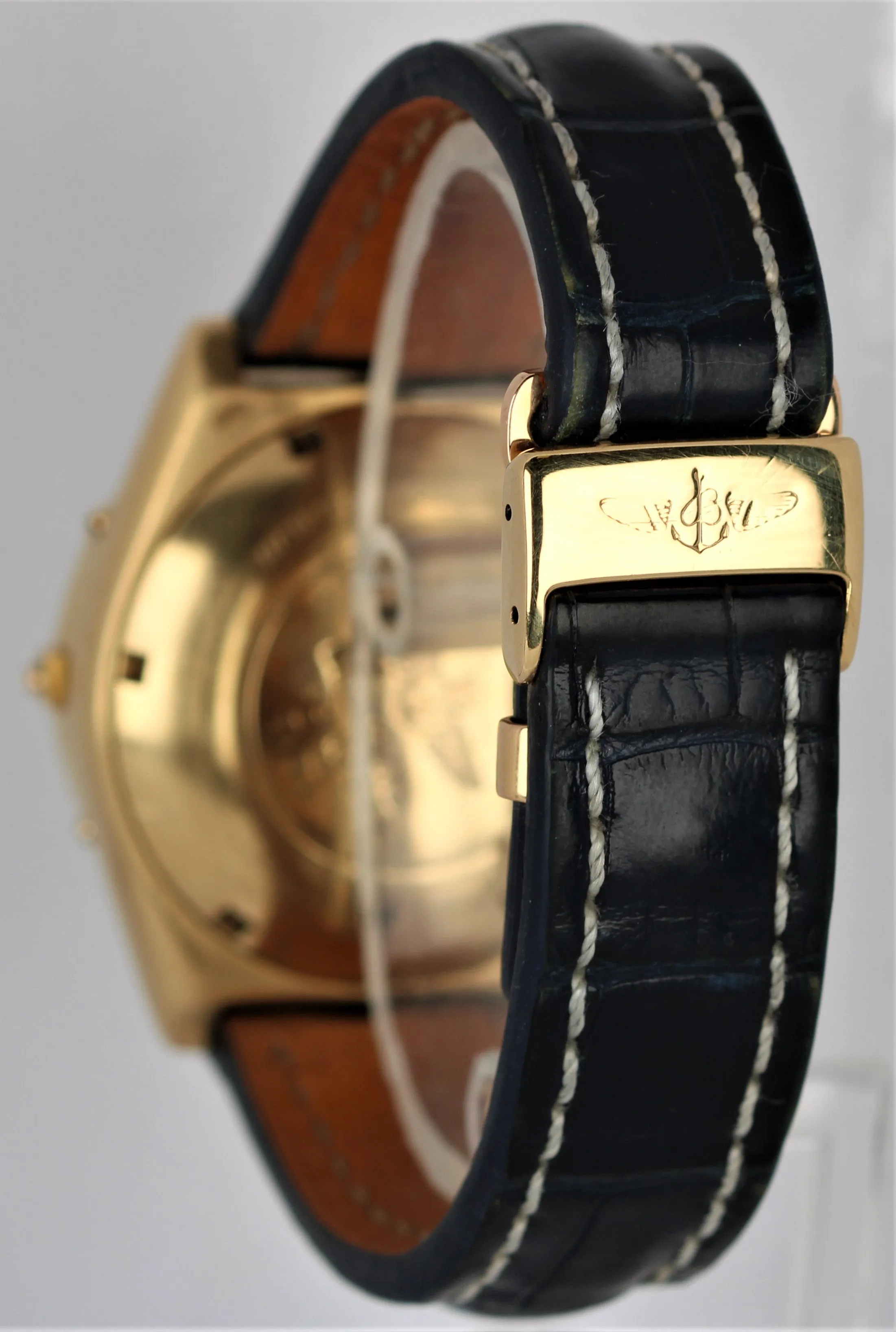 Breitling Chronomat 18k Yellow Gold Blue Dial Blue Leather Strap 81950 Watch B&P
