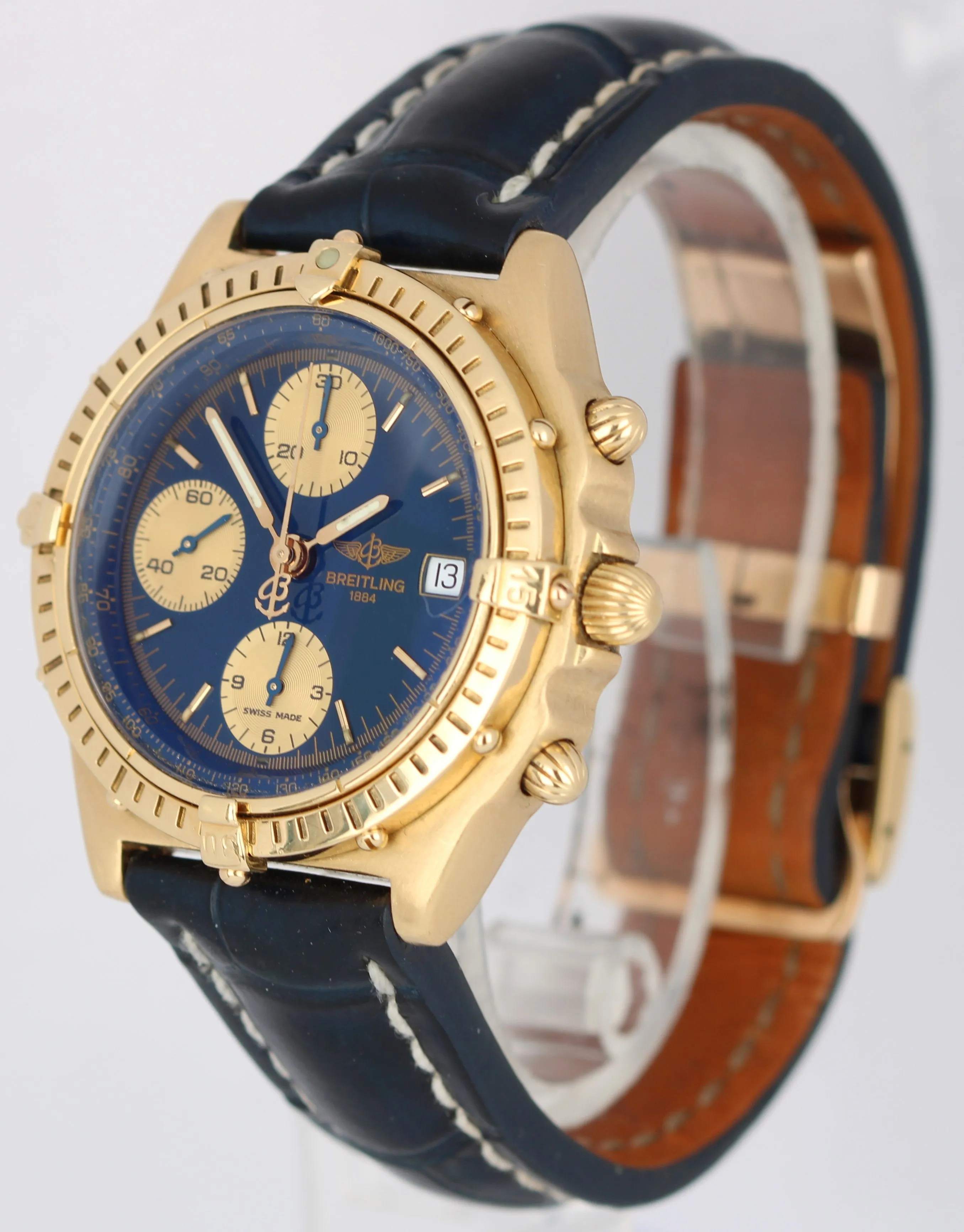 Breitling Chronomat 18k Yellow Gold Blue Dial Blue Leather Strap 81950 Watch B&P