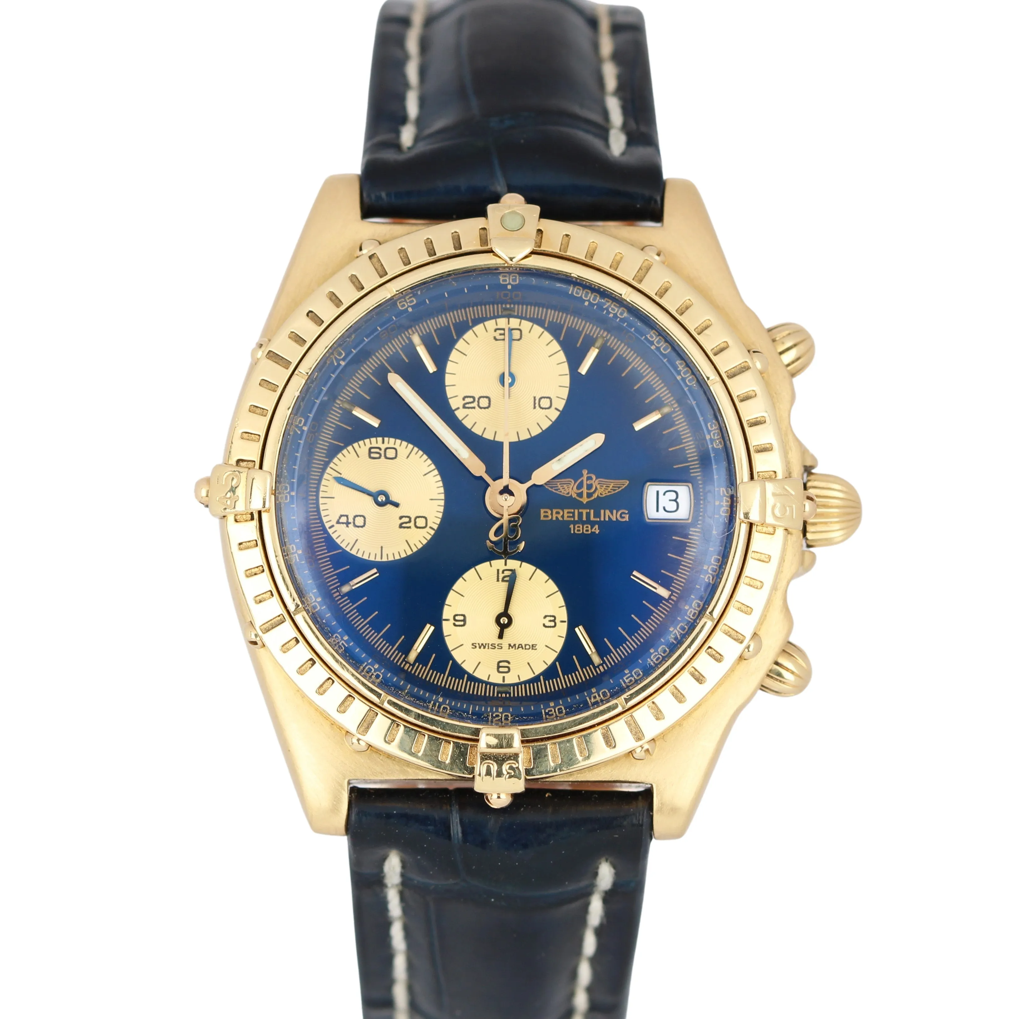 Breitling Chronomat 18k Yellow Gold Blue Dial Blue Leather Strap 81950 Watch B&P