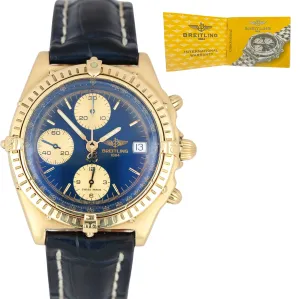 Breitling Chronomat 18k Yellow Gold Blue Dial Blue Leather Strap 81950 Watch B&P