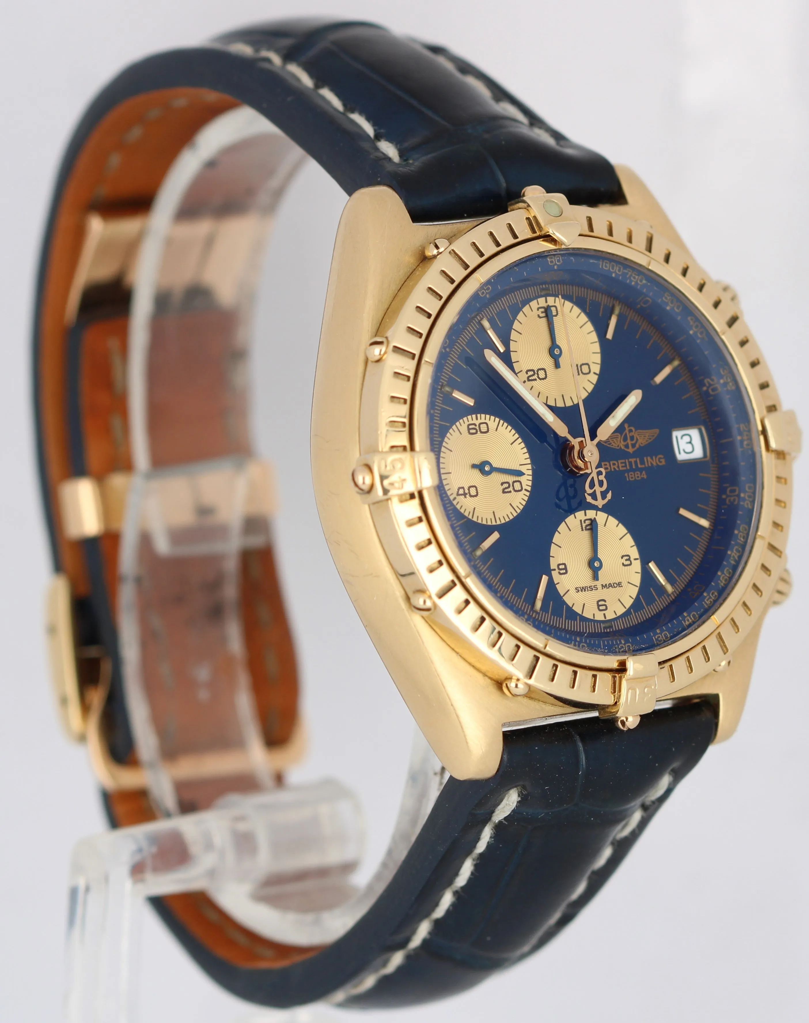 Breitling Chronomat 18k Yellow Gold Blue Dial Blue Leather Strap 81950 Watch B&P