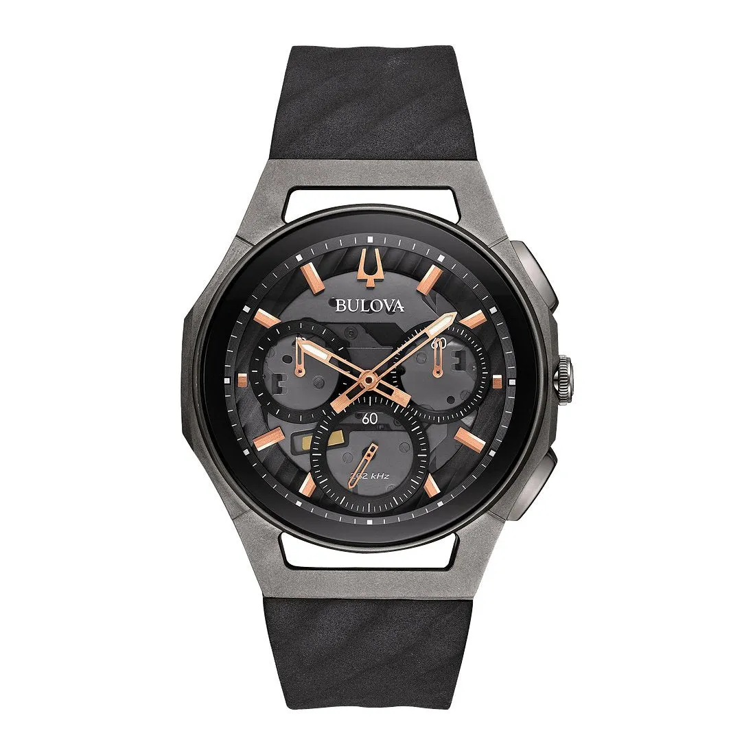 Bulova Curv Mens Chronograph Grey Tone Grey Dial Black Rubber Strap Watch