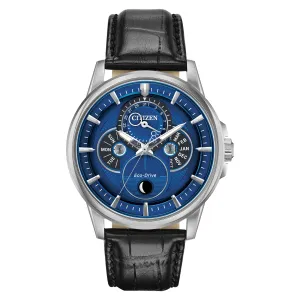 Citizen Calendrier Mens Eco Drive Moonphase Stainless Steel Blue Dial Watch