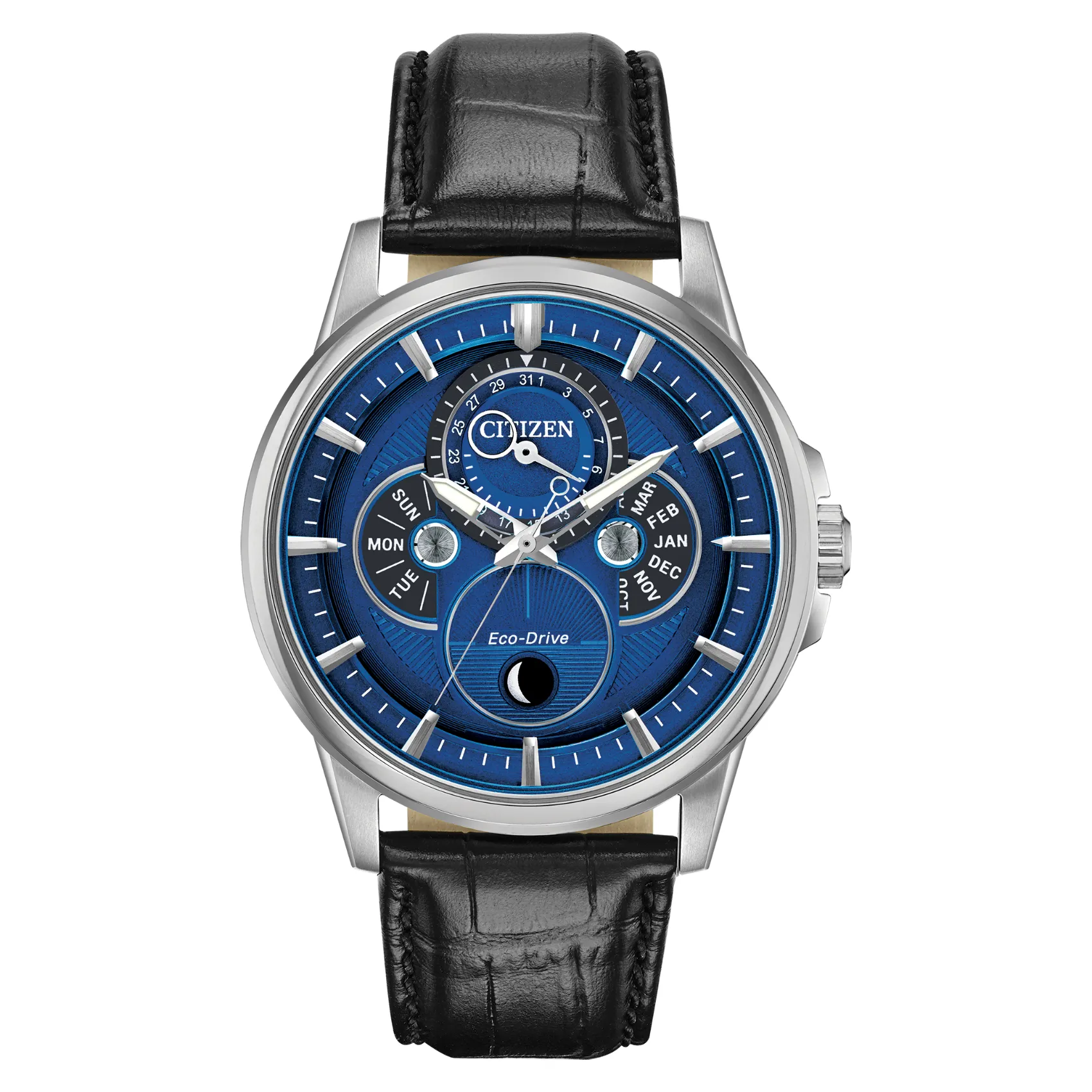 Citizen Calendrier Mens Eco Drive Moonphase Stainless Steel Blue Dial Watch