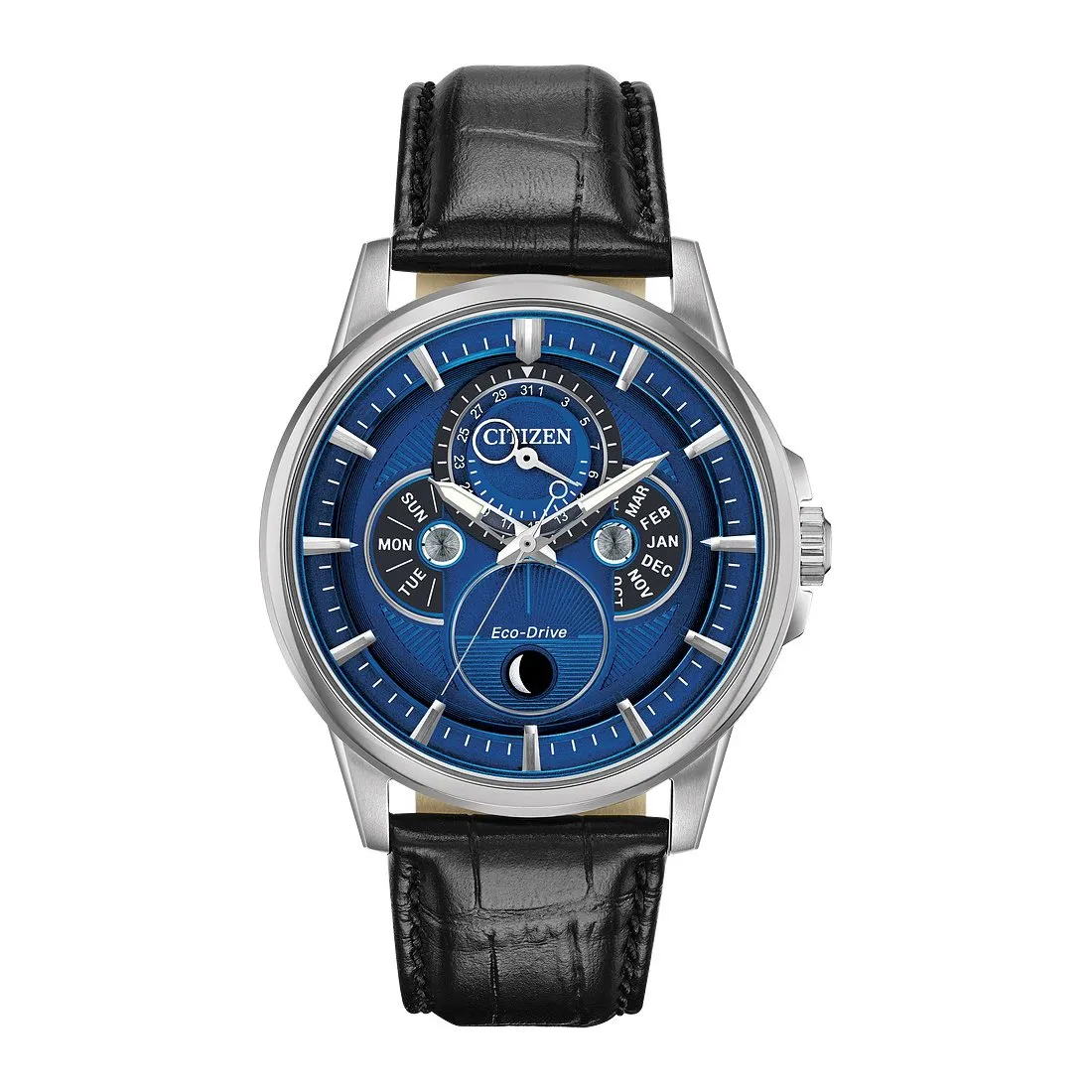 Citizen Calendrier Mens Eco Drive Moonphase Stainless Steel Blue Dial Watch