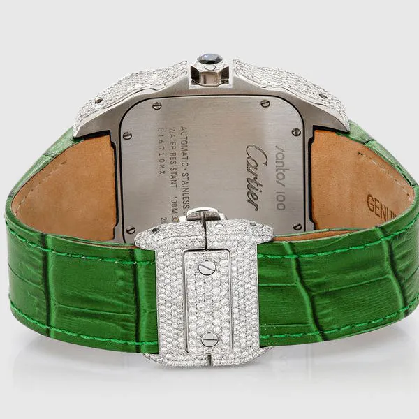 Diamond Cartier Santos 100 Stainless Steel Black Band Watch 11.8ct.