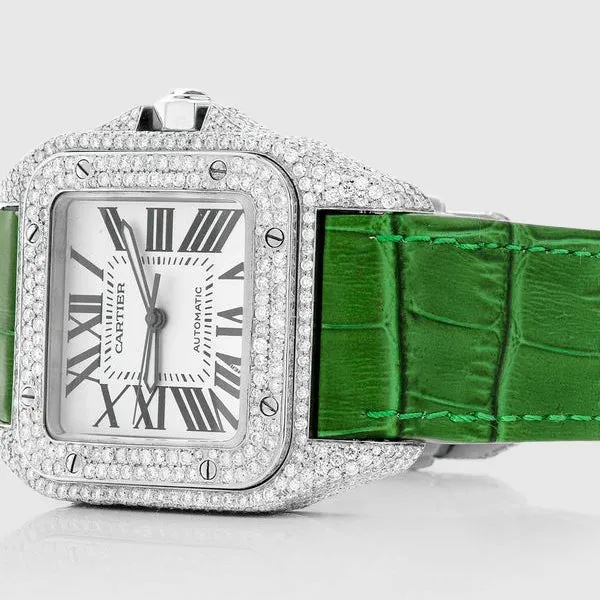 Diamond Cartier Santos 100 Stainless Steel Black Band Watch 11.8ct.